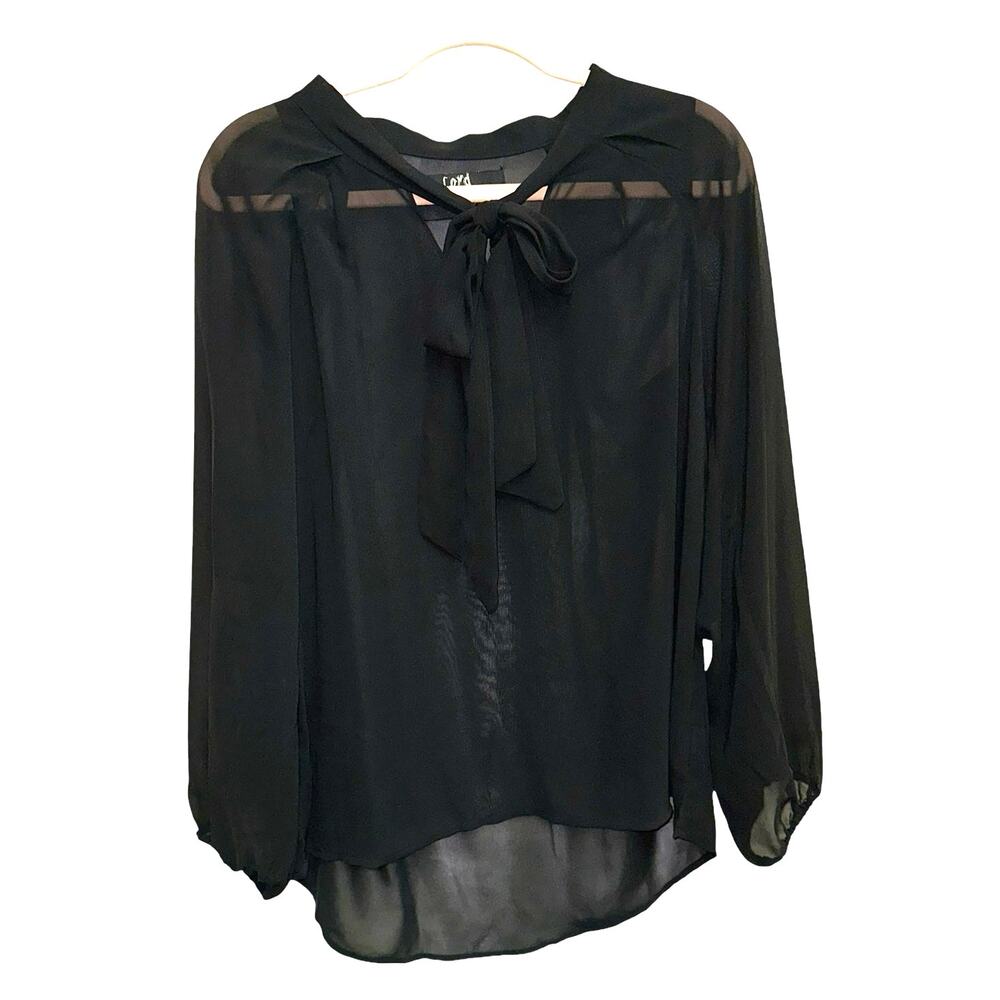 Oxford & Regent Black Sheer Blouse Medium Tie Neck Chiffon Long Sleeve High Low